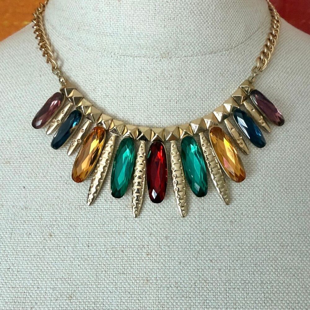 IMAN Global Chic Multicolor Jeweled Gold Tone Spike Statement Necklace